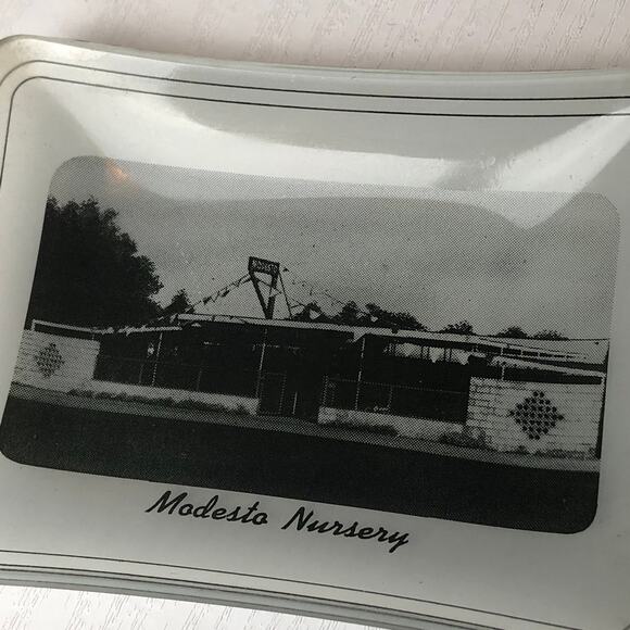Vintage Modesto Nursery Graphic California Memorabilia Glass Catchall Plate Dish